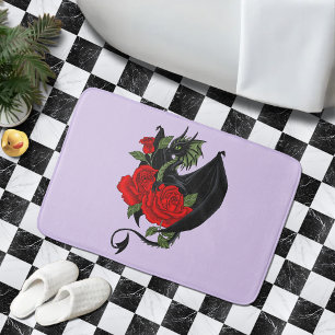 Alfombrilla De Baño Dragón Negro Místico Rosas Rojas Lavanda Gótica