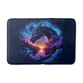 Alfombrilla De Baño Dragon Silhouetti contra una vibrante puesta de so
