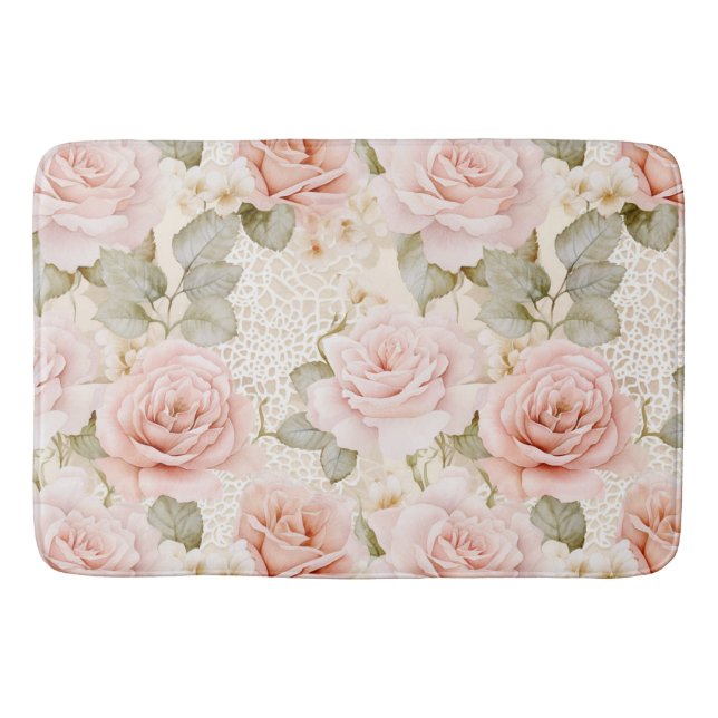 Alfombrilla De Baño Ducha de Novia Floral de Rosas Rosadas Crema (Anverso)