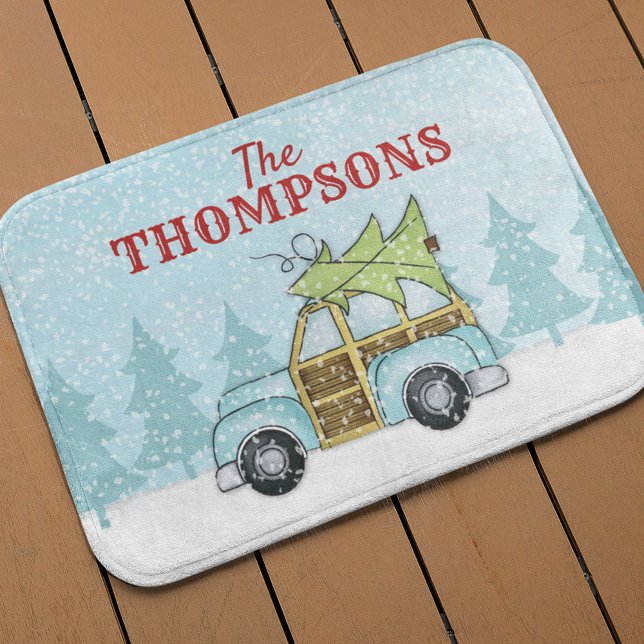 Alfombrilla De Baño El coche de copo de nieve del árbol de Navidad per (Christmas classic holiday woodland Woodie card bath mat)
