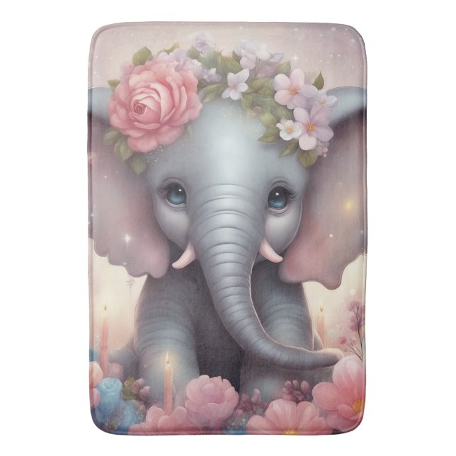 Alfombrilla De Baño Elefante bebé adorable con flores (Frente vertical)