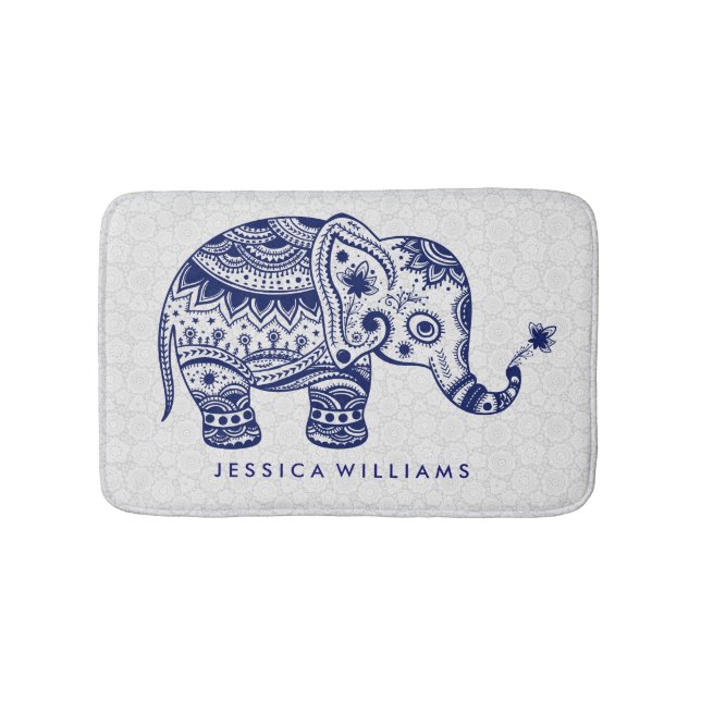 Alfombrilla De Baño Elefante Floral de tonos azules (Anverso)