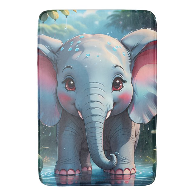 Alfombrilla De Baño Elefante lindo en la lluvia (Frente vertical)