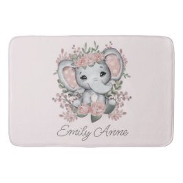 Alfombrilla De Baño Elefante Lindo Floral Rosa Verde Nombre del Niño 
