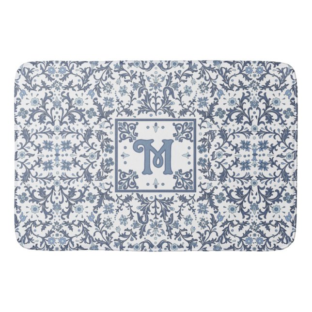 Alfombrilla De Baño Elegant Blue Graphic Floral Pattern Monogram (Anverso)