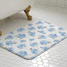 Alfombrilla De Baño Elegant Blue Hydrangea Pattern Gray Stripe 