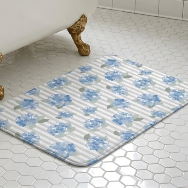 Alfombrilla De Baño Elegant Blue Hydrangea Pattern Gray Stripe  (Subido por el creador)