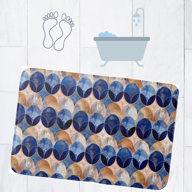 Alfombrilla De Baño Elegant Blue + Rose Gold Luxury Geometric Pattern (Add glam luxury to your bathroom with this blue + rose gold oval pattern bathmat.)