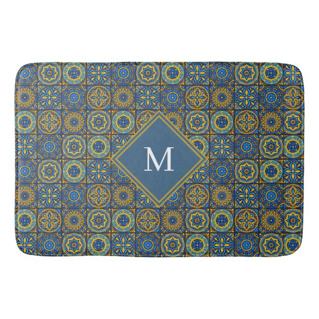 Alfombrilla De Baño Elegant blue& white Moroccan custom monogram (Anverso)