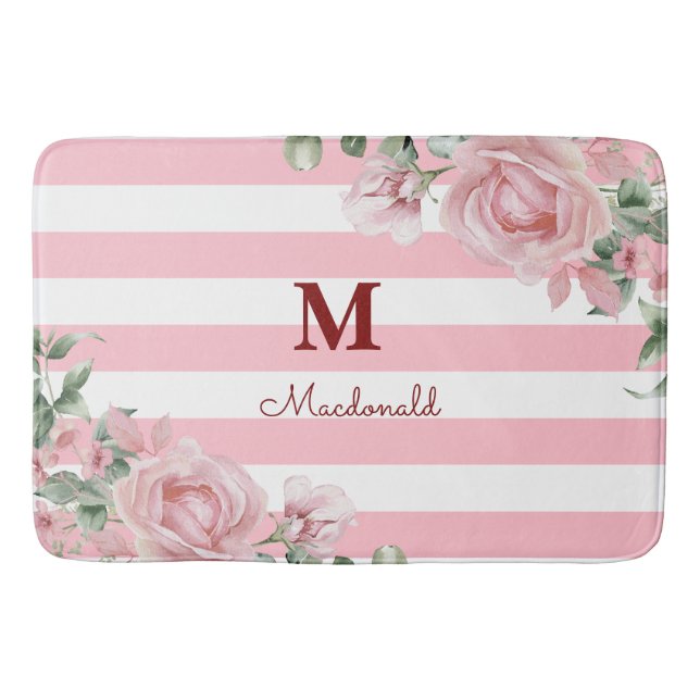 Alfombrilla De Baño Elegant Floral Rose Striped Monogram (Anverso)