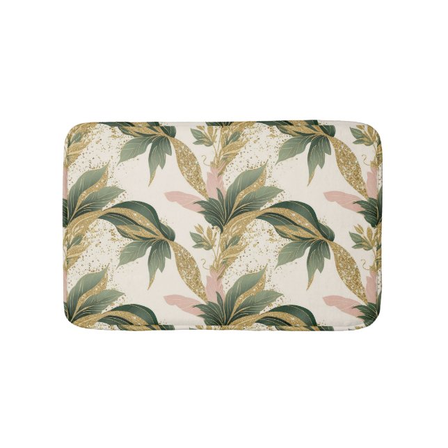 Alfombrilla De Baño Elegant Gold & Green Leaf Pattern Touch of Pink (Anverso)
