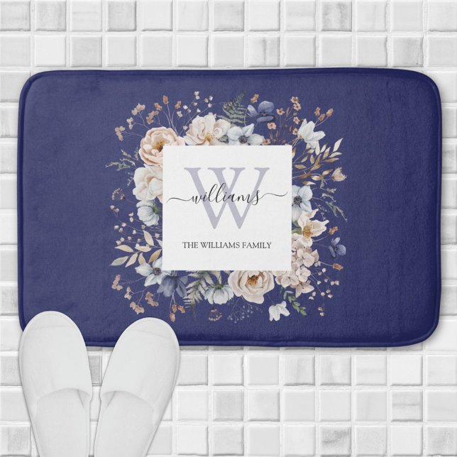 Alfombrilla De Baño Elegant Monogram Pretty Beige Blue Flowers Floral (In situ)
