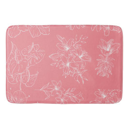 Alfombrilla De Baño Elegant White Floral Line Art on Coral Pink – Mode