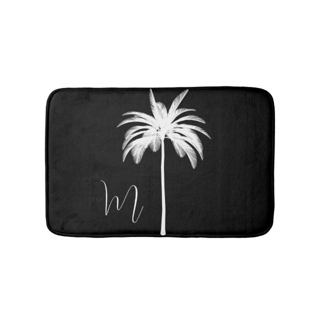 Alfombrilla De Baño Elegante árbol de palmas tropicales blanco negro (Anverso)