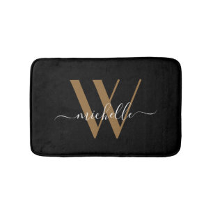 Alfombrilla De Baño Elegante Black Gold Monograma Script Nombre inicia