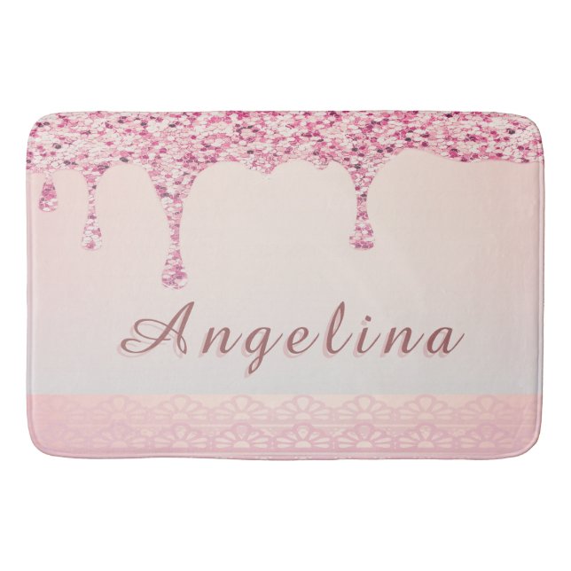 Alfombrilla De Baño Elegante Brillo Rosa Glam con Goteo (Anverso)
