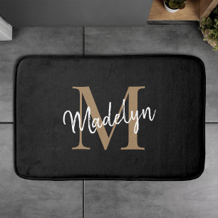 Alfombrilla De Baño Elegante escritura de Monograma Blanco Oro Negro M
