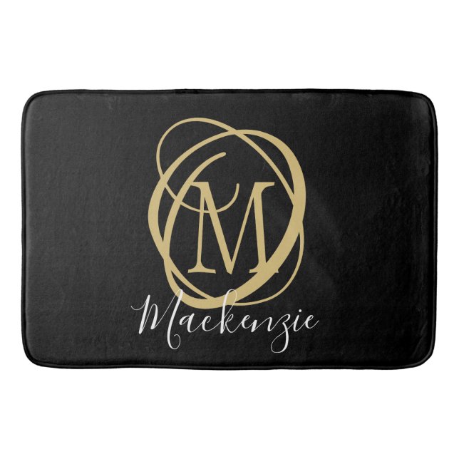 Alfombrilla De Baño Elegante estilo Monograma Nombre de guión Negro Or (Anverso)