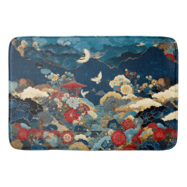 Alfombrilla De Baño Elegante Flor de Peonía Grulla Japonesa Azul Rojo