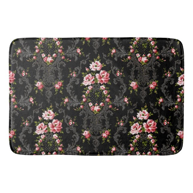 Alfombrilla De Baño Elegante fondo rococó floral-negro francés (Anverso)