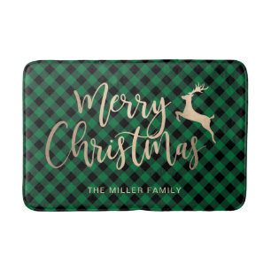 Alfombrilla De Baño Elegante Gold Feliz Navidad Negro y Verde Placa