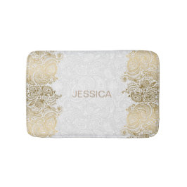 Alfombrilla De Baño Elegante Lugar De Paisley Floral Blanco Y Oro