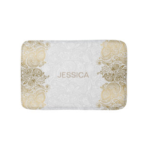 Alfombrilla De Baño Elegante Lugar De Paisley Floral Blanco Y Oro