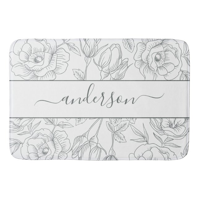 Alfombrilla De Baño Elegante Monograma de Gris Blanco Froral (Anverso)
