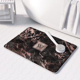 Alfombrilla De Baño Elegante Monograma de Mármol Negro y Oro Rosa
