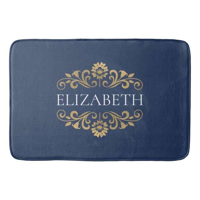 Alfombrilla De Baño Elegante Monograma Navy Blue Gold Bath Mat (Anverso)