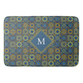 Alfombrilla De Baño Elegante monograma personalizado marroquí azul y b