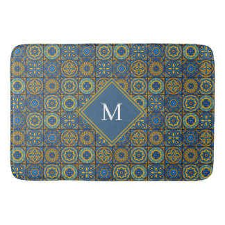 Alfombrilla De Baño Elegante monograma personalizado marroquí azul y b