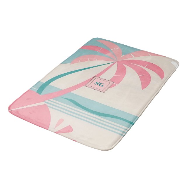Alfombrilla De Baño Elegante monograma verde azulado rosa tropical Min (Angular)