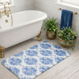 Alfombrilla De Baño Elegante patrón de damasco mediterráneo azul y bla