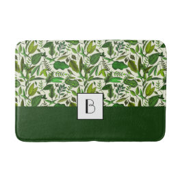 Alfombrilla De Baño Elegante Patrón de Hojas Verdes con Monograma