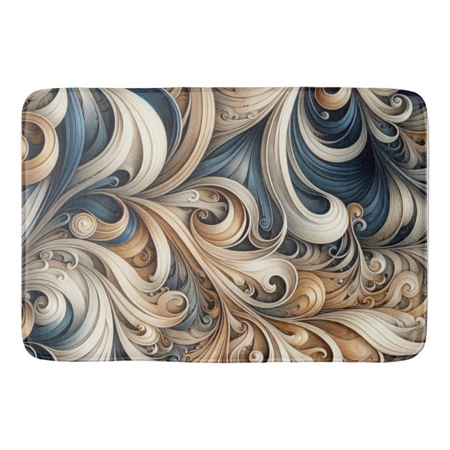 Alfombrilla De Baño Elegante patrón de remolino barroco azul beige (Anverso)