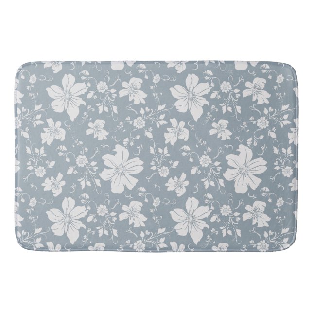 Alfombrilla De Baño elegante patrón monocromático floral gris azul (Anverso)