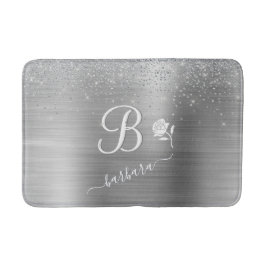 Alfombrilla De Baño Elegante Personalizado Monograma Plata Sparkle