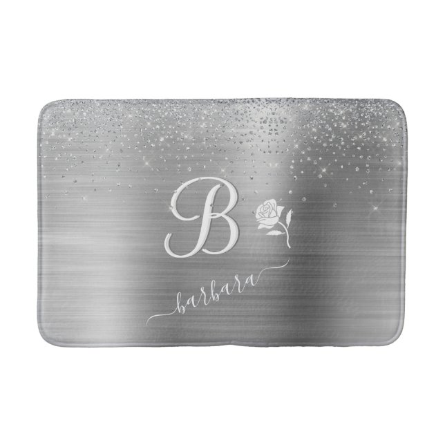 Alfombrilla De Baño Elegante Personalizado Monograma Plata Sparkle (Anverso)