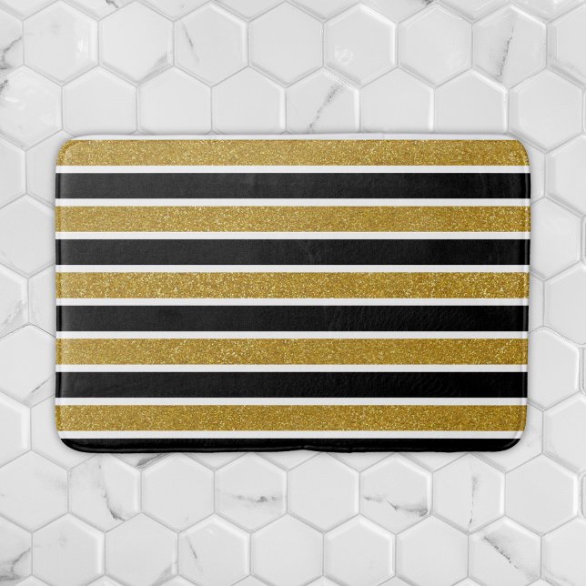 Alfombrilla De Baño Elegante Purpurina dorado Black White Stripes Bath (Subido por el creador)