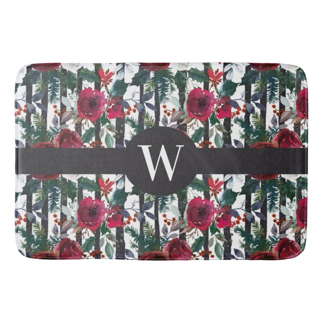 Alfombrilla De Baño Elegante Rosa rojo de invierno patrón de rayas neg (Anverso)