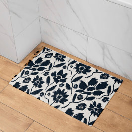 Alfombrilla De Baño Elegante tela de crema floral azul oscuro