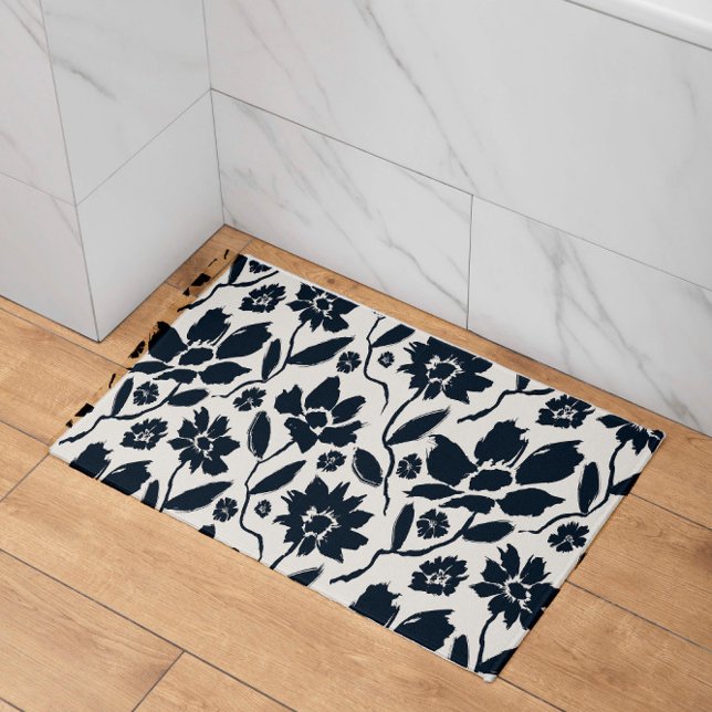 Alfombrilla De Baño Elegante tela de crema floral azul oscuro (Subido por el creador)