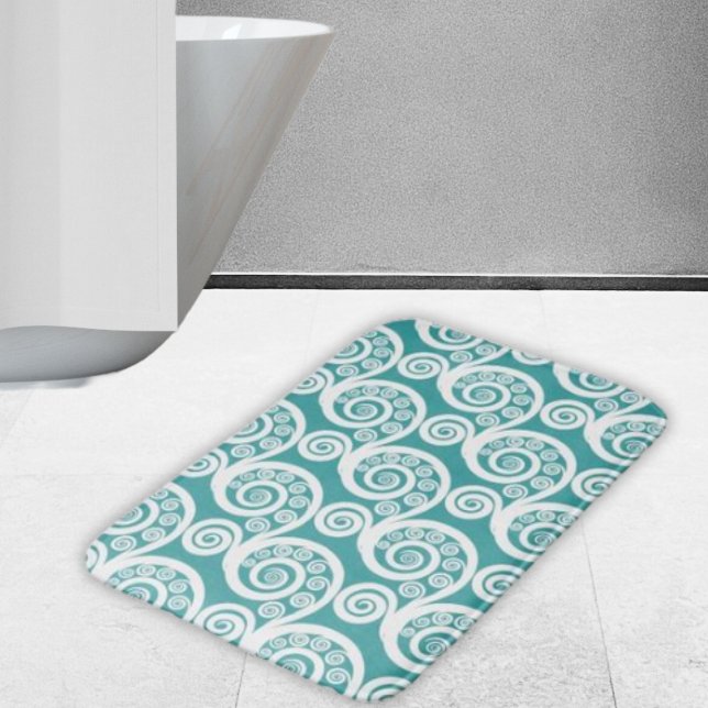 Alfombrilla De Baño Elegante Turquesa & White Fern Leaf Cursos Swirls (Subido por el creador)