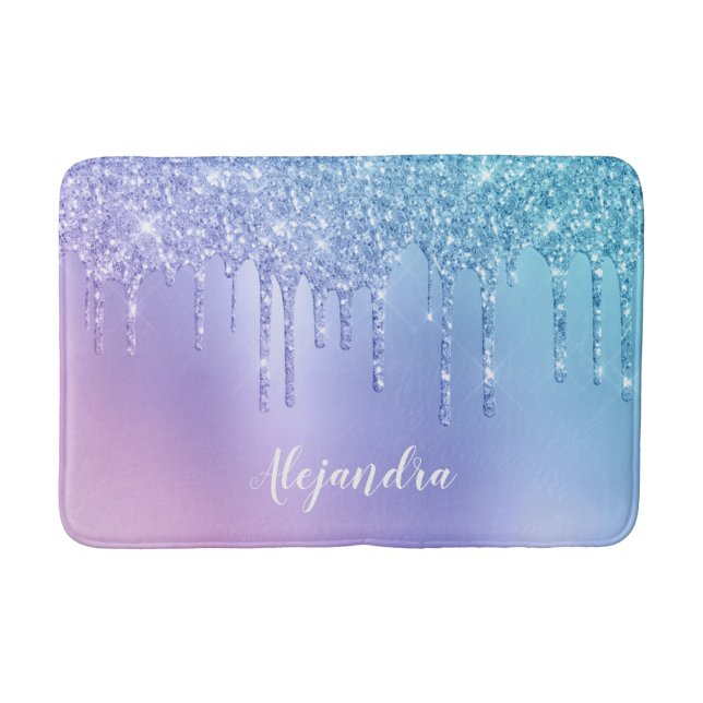 Alfombrilla De Baño Elegante y elegante goteo de purpurina azul y viol (Anverso)