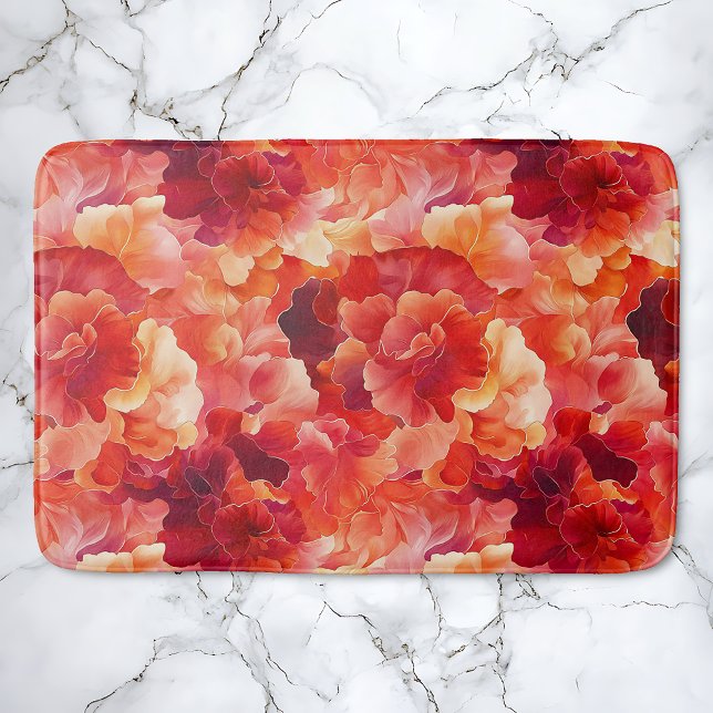Alfombrilla De Baño Encendido floral abstracto (Floral Ignition bath mat.  Coral, red, orange abstract floral.)