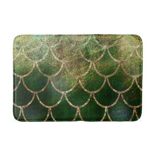 Alfombrilla De Baño Escamas de pez sirena brillo verde y dorado
