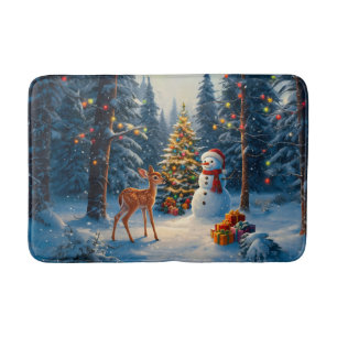 Alfombrilla De Baño Escena De Árbol De Navidad Cute Deer Fawn Snowman