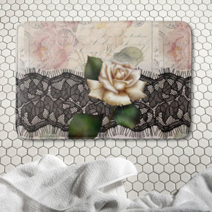Alfombrilla De Baño escritura francesa vintage lace victoriana rosa bl