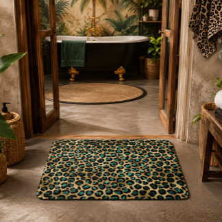 Alfombrilla De Baño Estampado de leopardo glamoroso dorado y azul turq